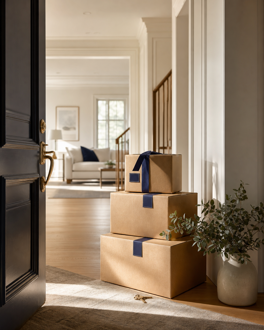 Neatly packed moving boxes beside the open door of a welcoming home
